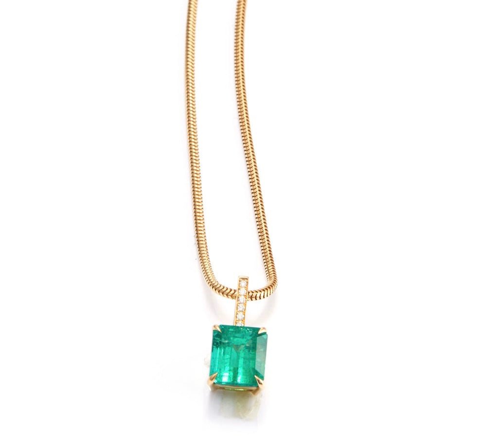 Emerald & Diamond Supreme Bar Necklace 18k handmade fine jewelry