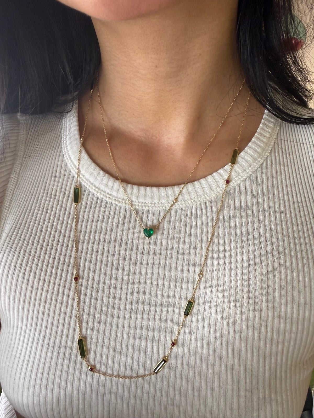 Emerald_Heart_Diamond_Necklaces_YG18K_Handmade_fine_jewelry_on_model_1