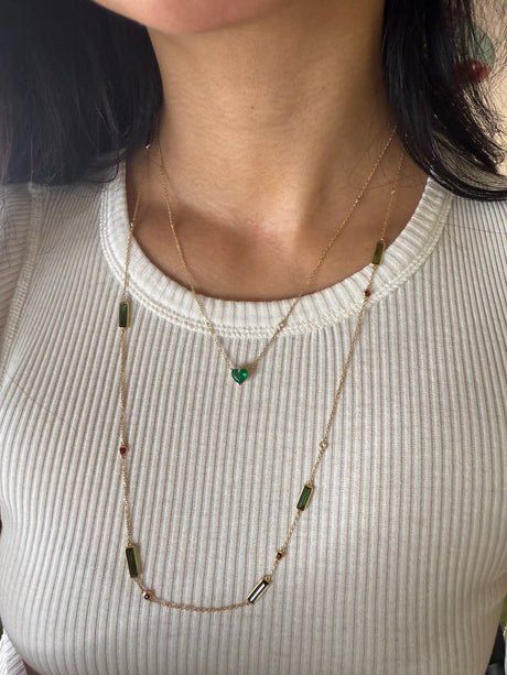 Emerald_Heart_Diamond_Necklaces_YG18K_Handmade_fine_jewelry_on_model_1