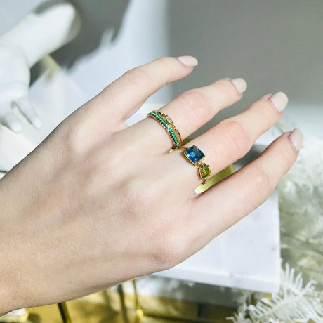 Emerald Infinity Ring 18k gold stackable ring on model