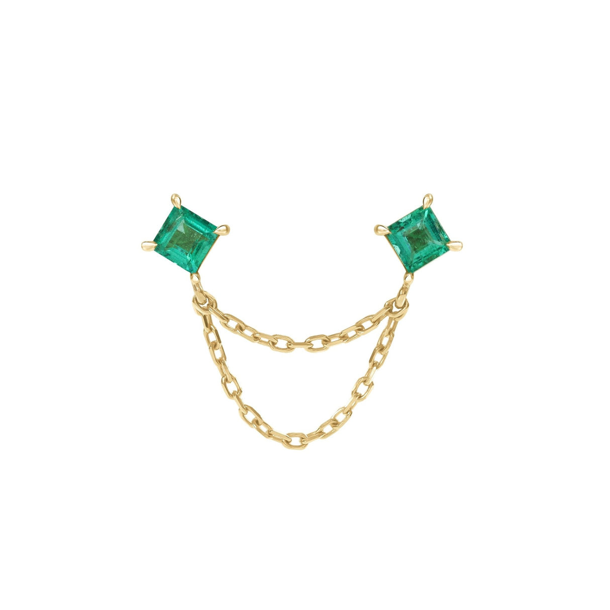 Gold earring with two emerald green gemstones on a white background