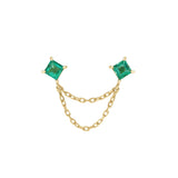 Gold earring with two emerald green gemstones on a white background