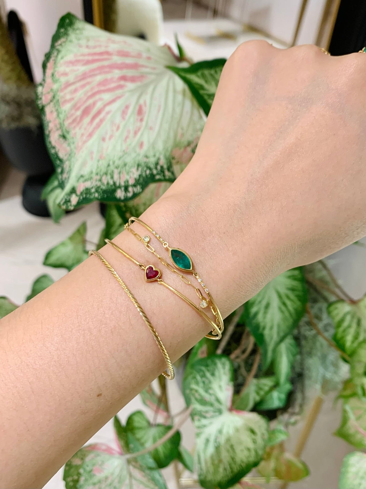 Emerald Marquise & Diamond Bangle 18k gold stackable design on model