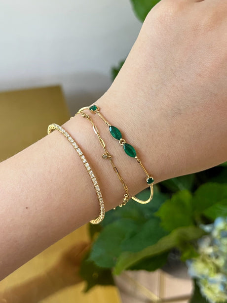 Emerald Marquise Duo Bangle 18k gold stackable design on model