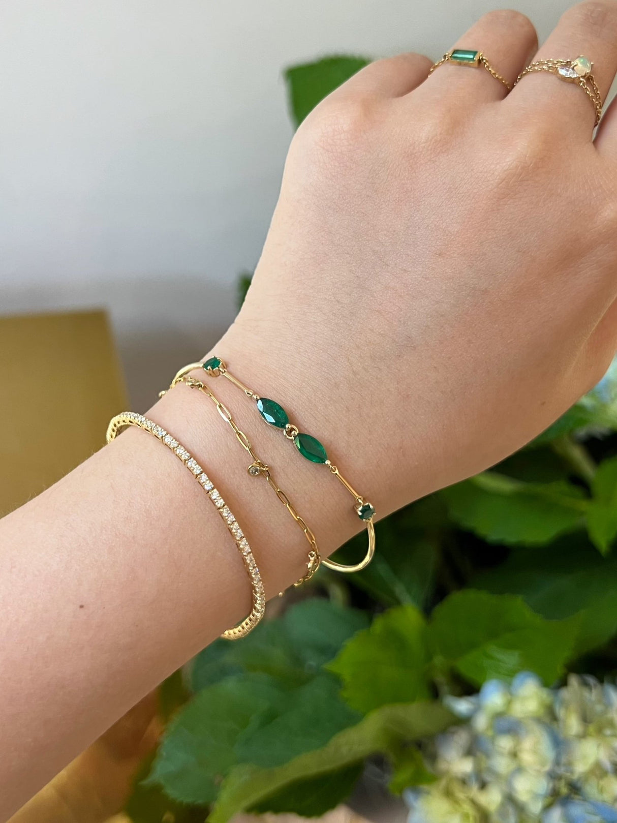 Emerald Marquise Duo Bangle 18k gold stackable design on model 2