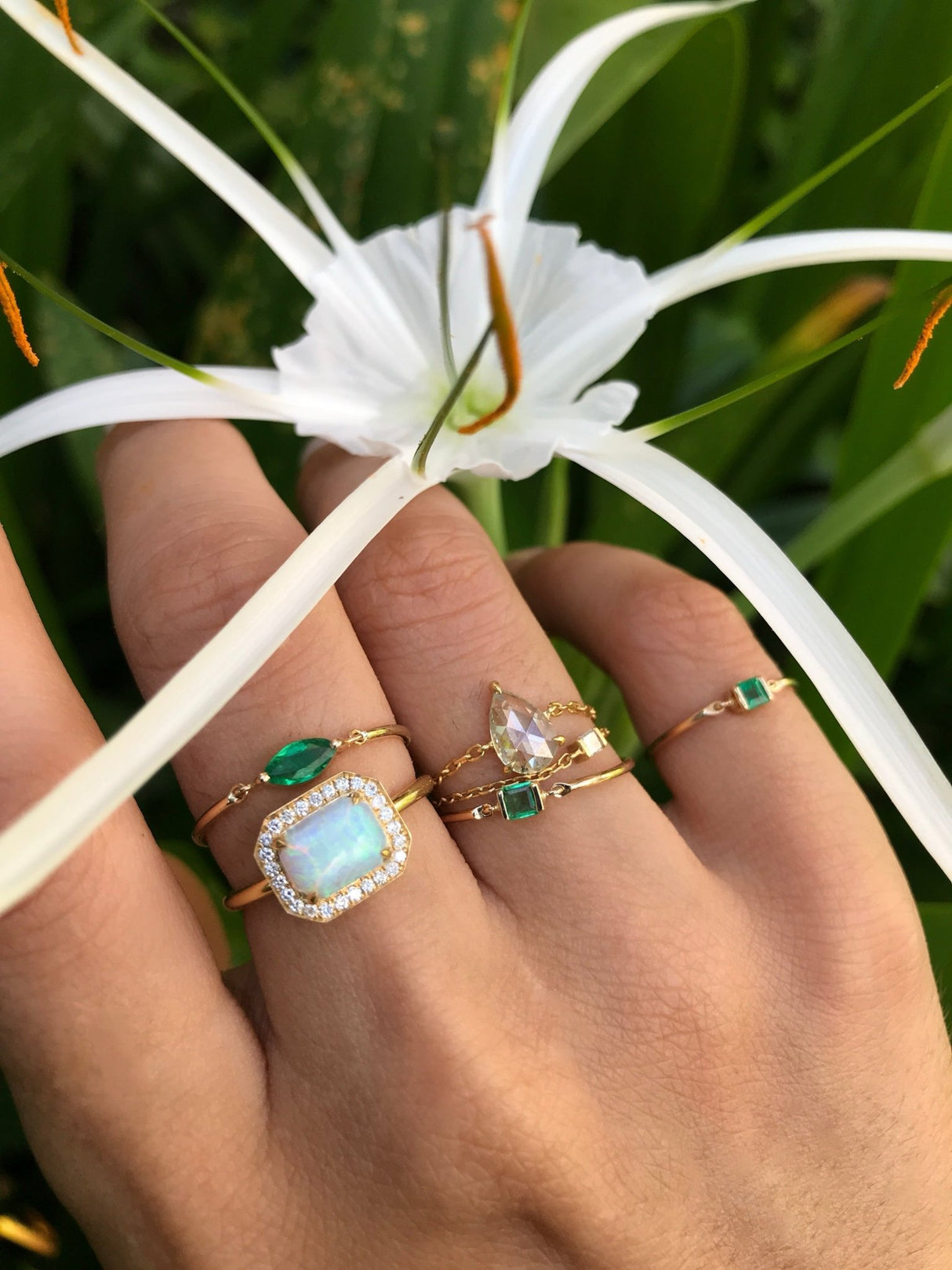 Emerald Marquise Petite Circle Ring 18k gold stackable ring on model