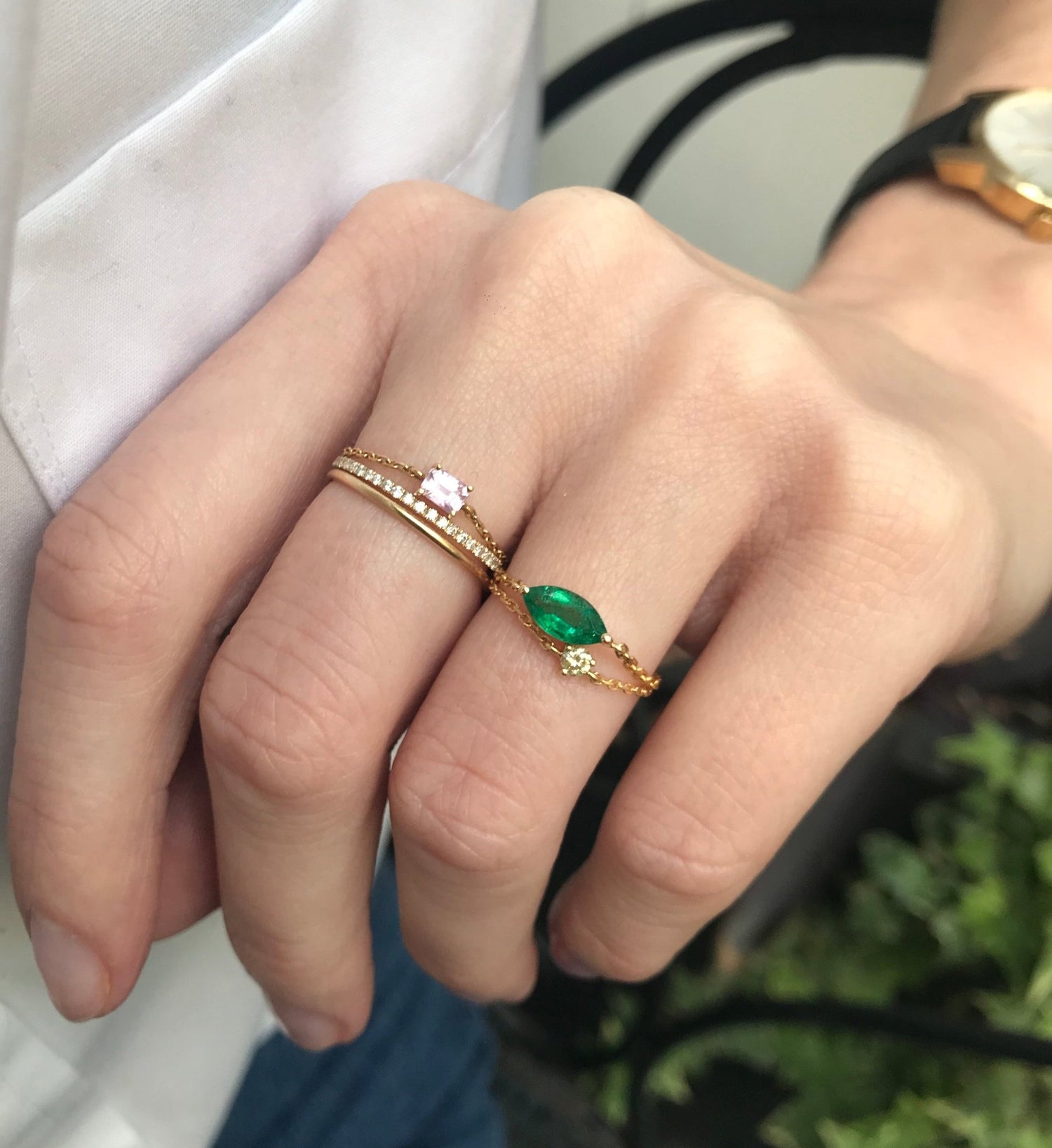 Emerald Marquise Supreme Chain Ring 18k gold Stackable ring on model
