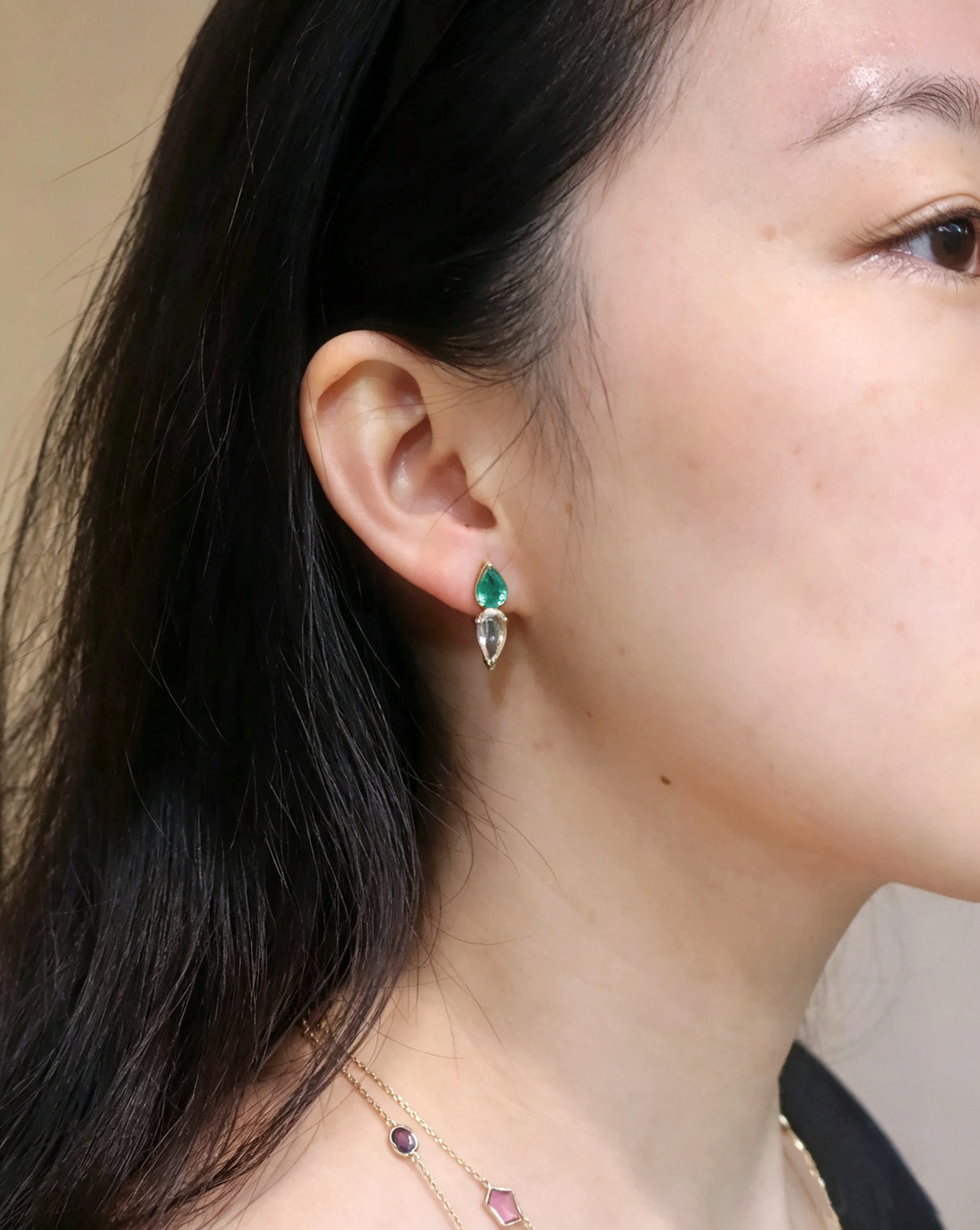 Emerald_Moonstone_earrings_18K_gold_handmade_fine_jewelry_on_model_2