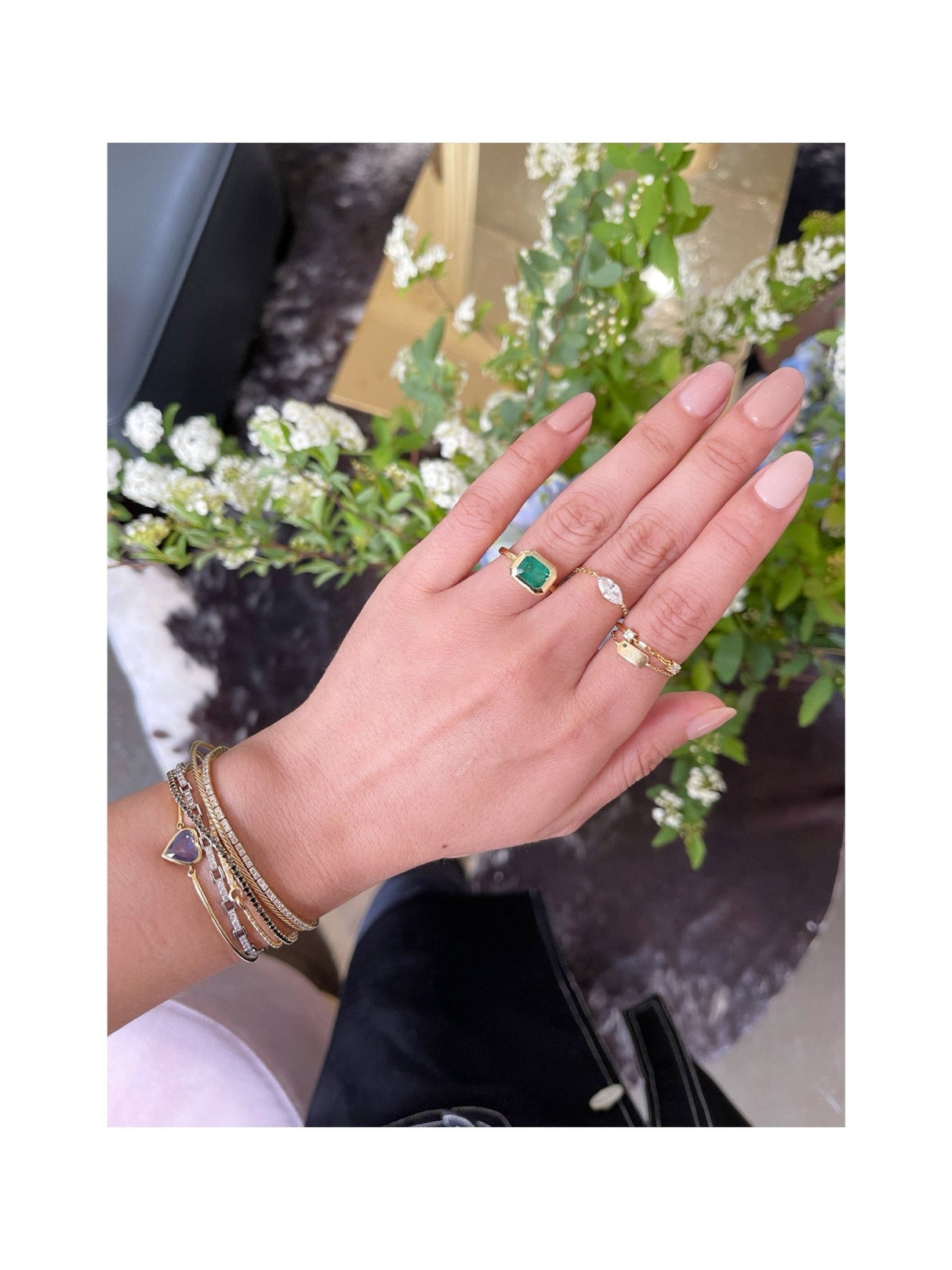 Emerald Nouveau Ring 18k gold engagement ring on model