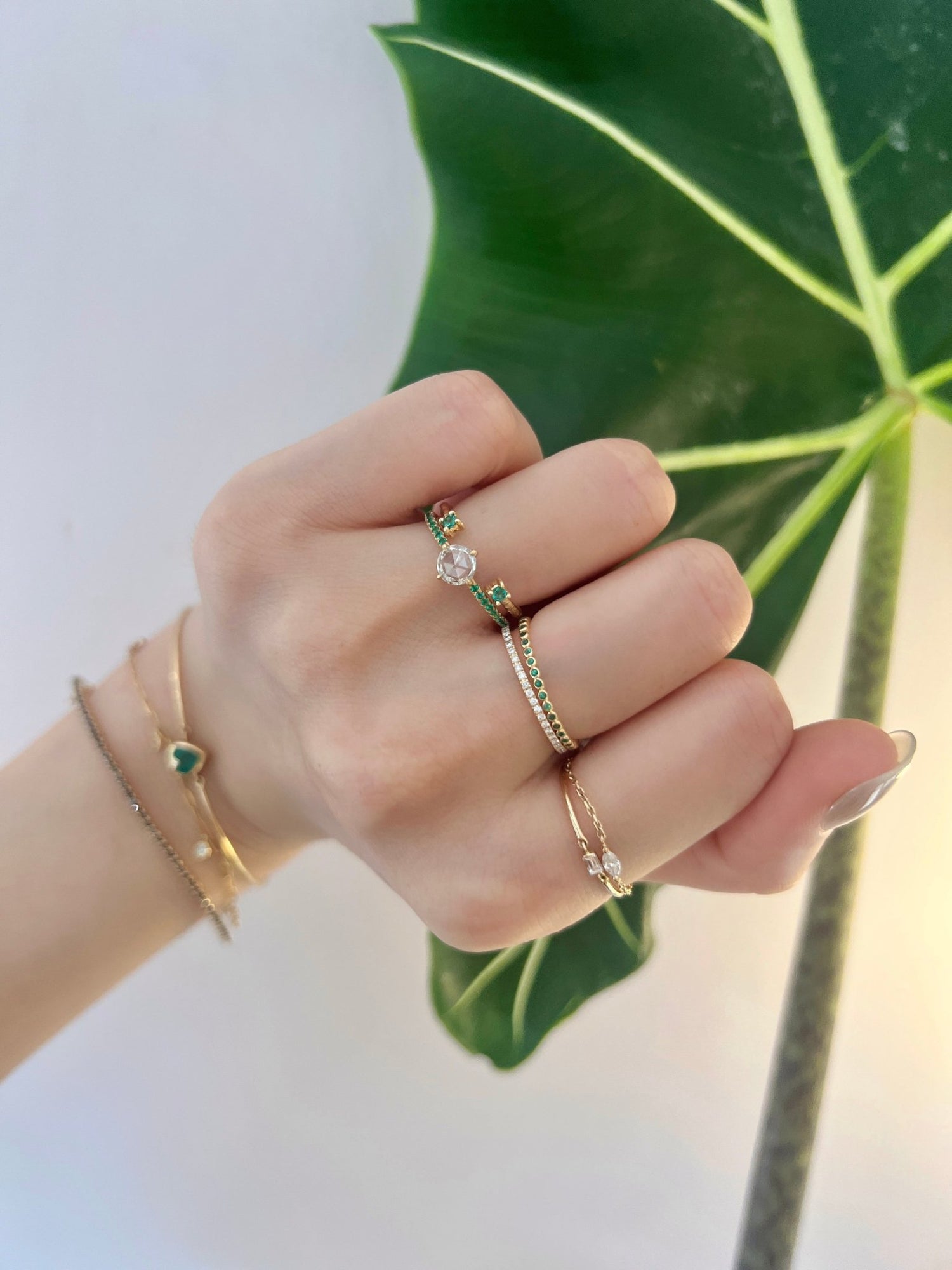 Emerald Open Ring 18k gold Stackable ring on model