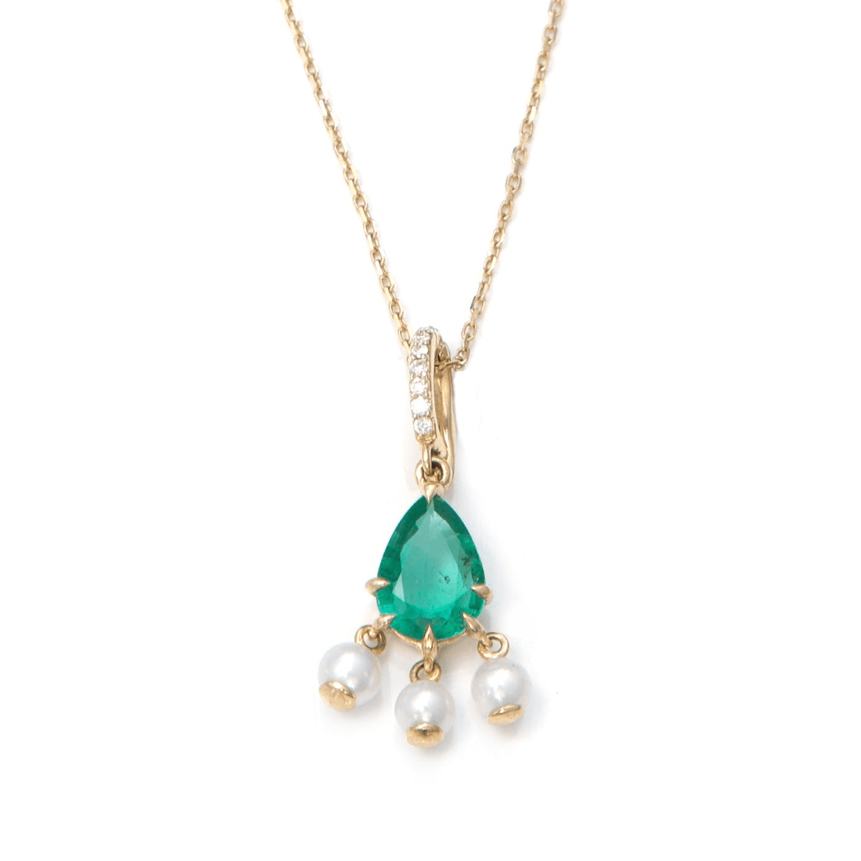 Emerald & Pearl Dewdrop Pendant Necklace 18k handmade fine jewelry