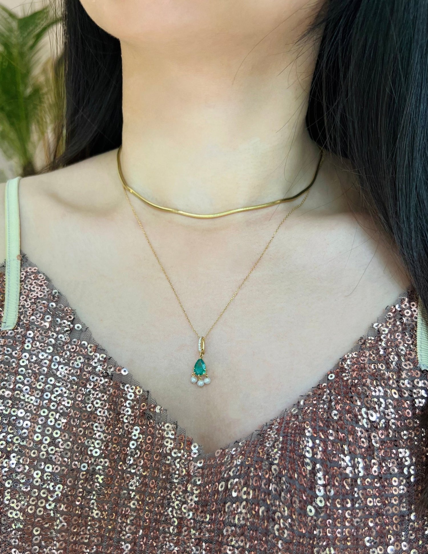 Emerald & Pearl Dewdrop Pendant handmade Necklace in 18k gold on model