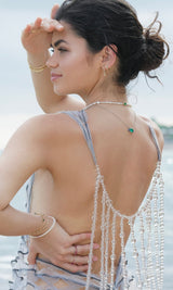 Emerald & Sapphire Nexus Pendant handmade Necklace in 18k gold on model