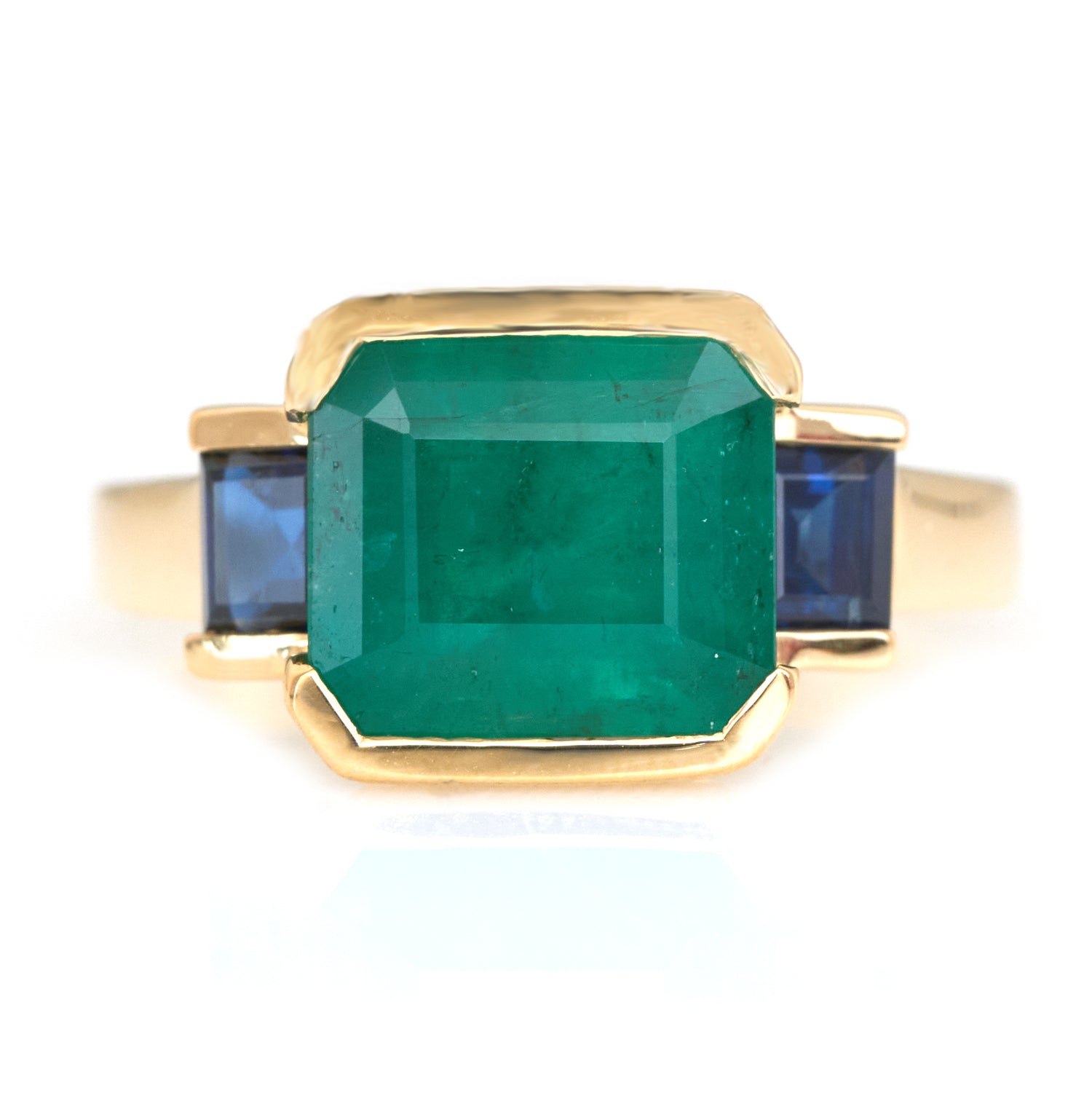 Emerald & Sapphire Tonal Deco Bar Spring Ring 18k gold engagement ring