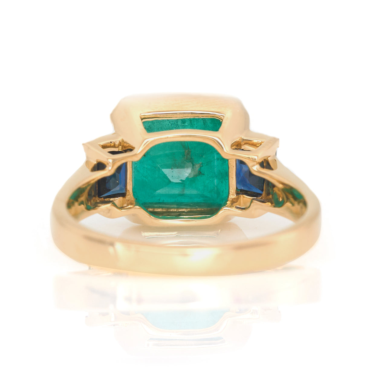Emerald & Sapphire Tonal Deco Bar Spring Ring 18k gold engagement ring back view
