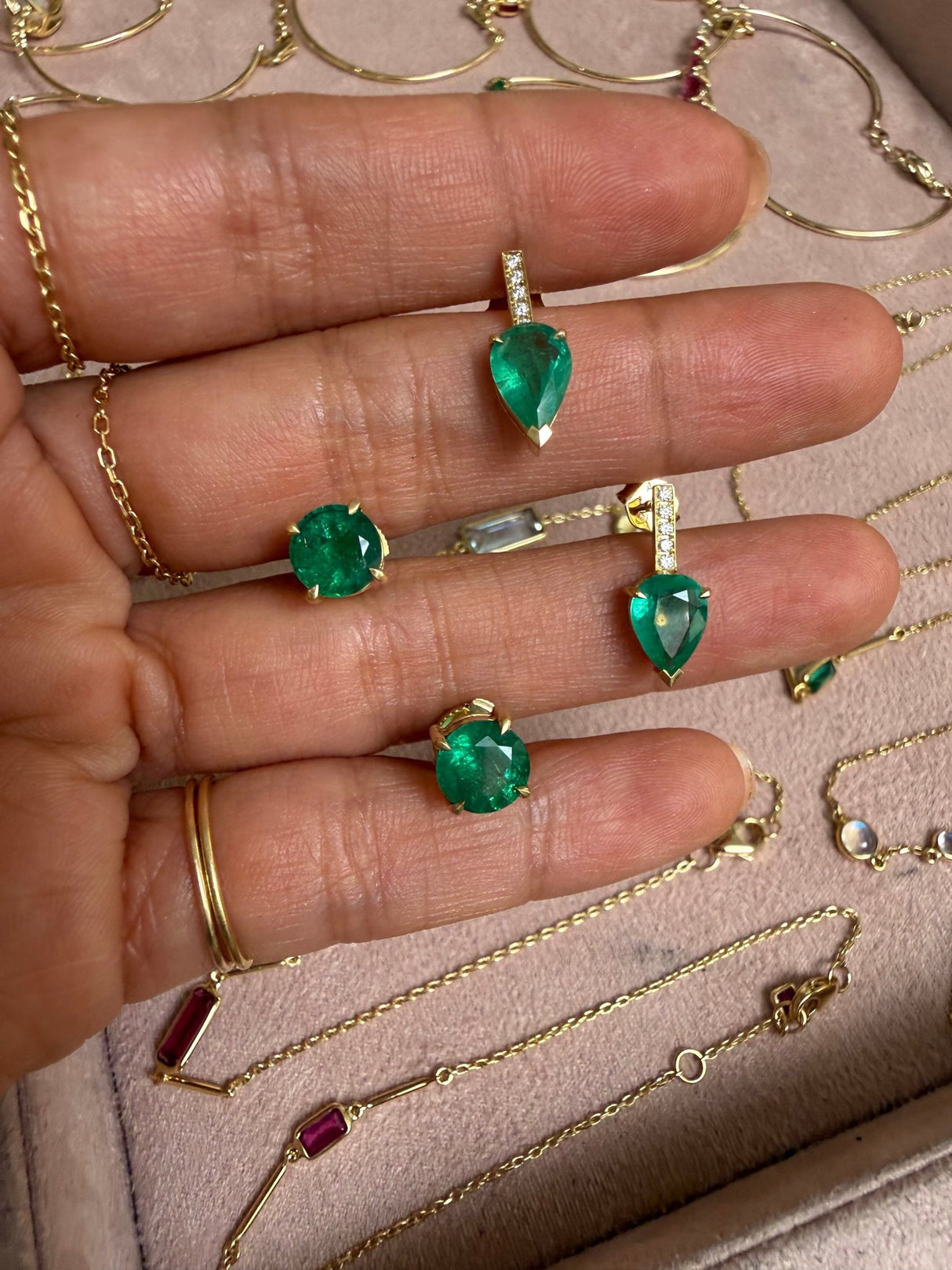 Emerald_Supreme_Studs_18k_gold_Handmade_fine_jewelry_on_model 2