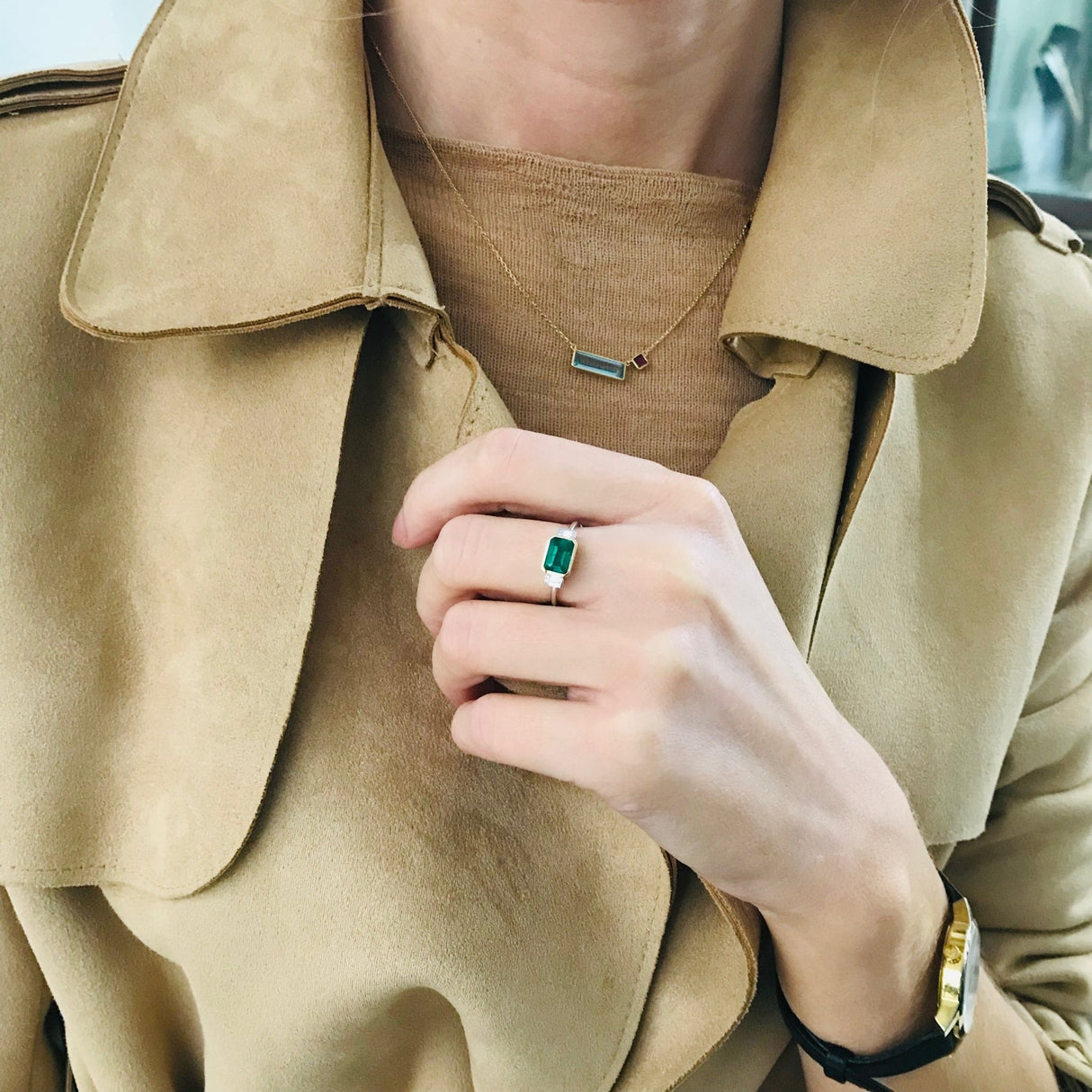 Emerald and diamond forever ring 18k gold engagement ring on hand