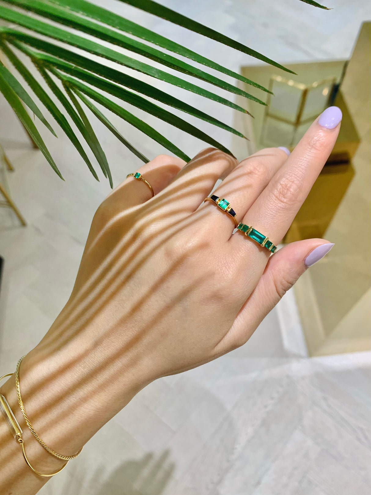 Emeralds Petite Rhythm Ring 18k gold Stackable ring on model
