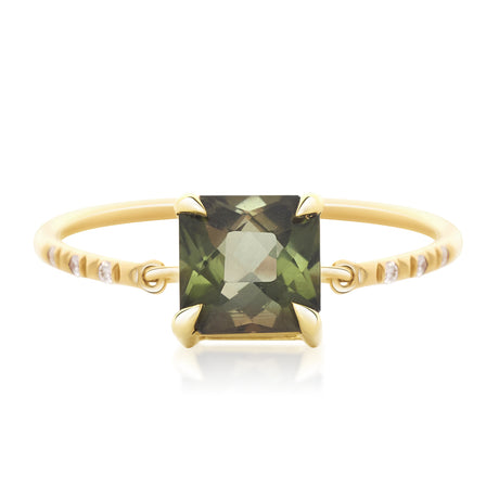 French Cut Green Tourmaline Petite Circle Diamond Ring 18k gold engagement ring
