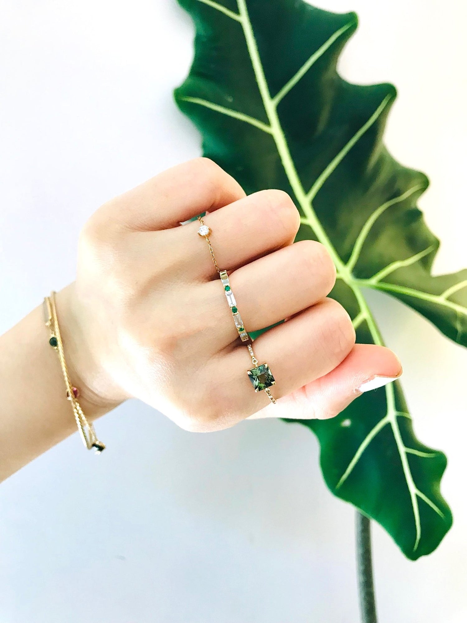 French Cut Green Tourmaline Petite Circle Diamond Ring 18k gold engagement ring on model