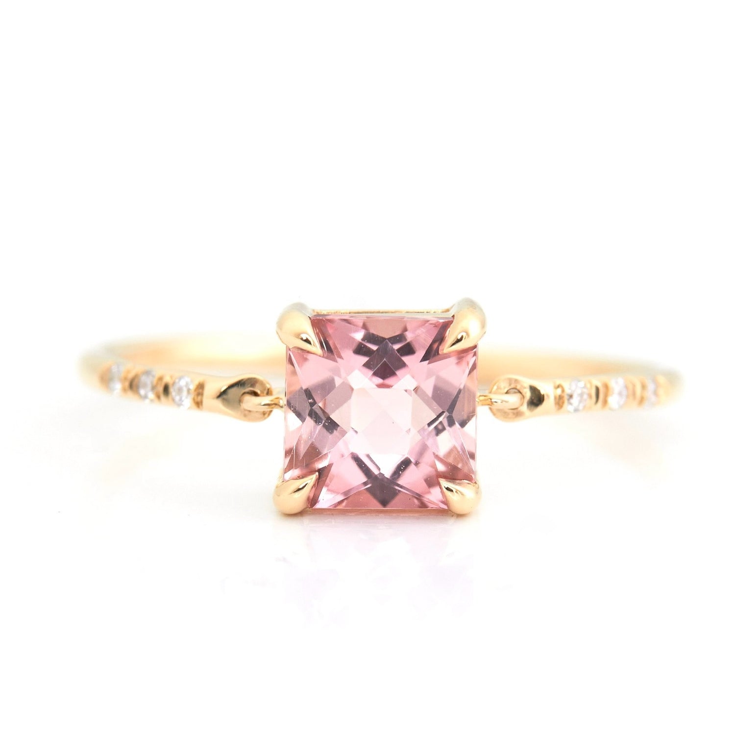 French Cut Pink Tourmaline Petite Circle Diamond Ring 18k gold stackable ring