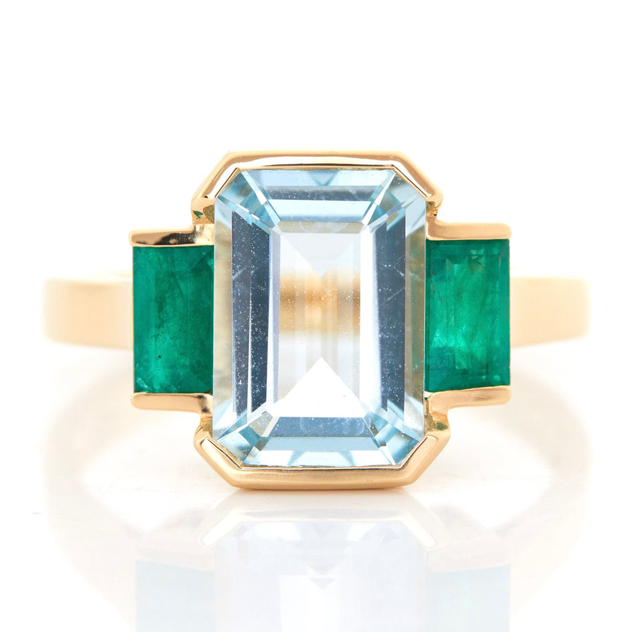 Aquamarine & Emerald Tonal Deco Ring