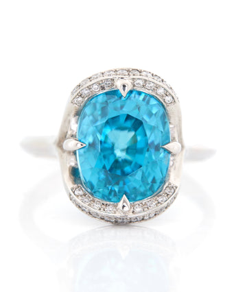 Blue Zircon and diamond Aurora ring