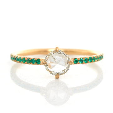 Round Rose Cut Diamond & Emerald Disco Ring