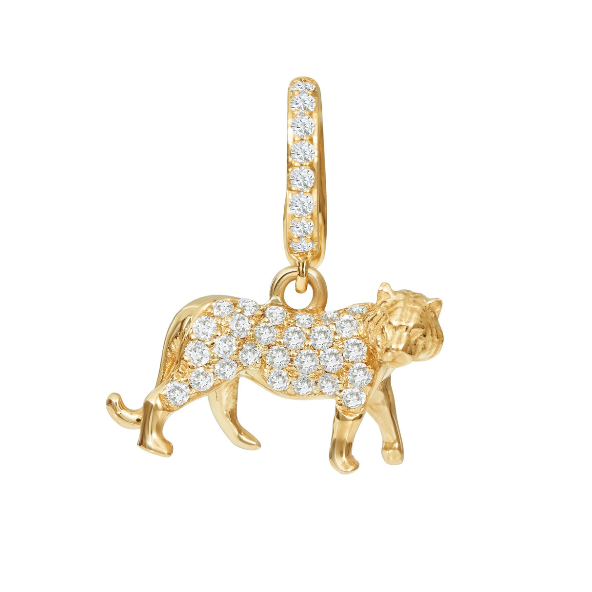 Gold and diamond Chinese tiger pendant on a white background