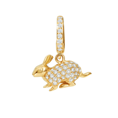 Gold rabbit-shaped pendant with diamond accents on a white background