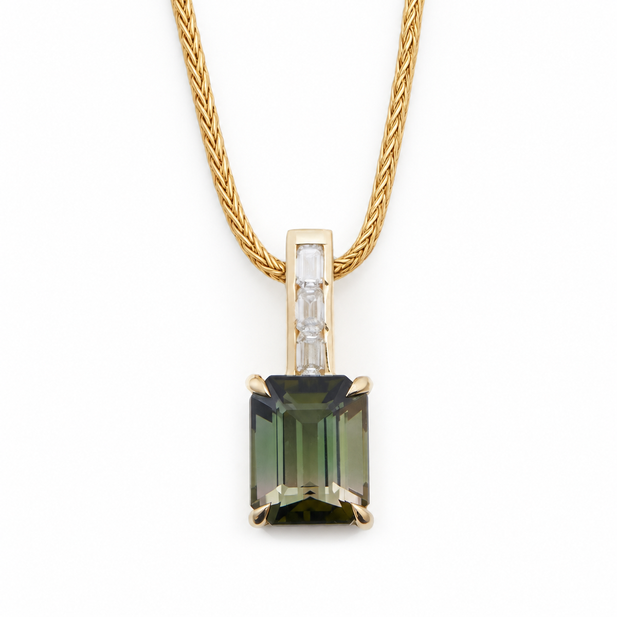 Green Ombre Tourmaline & Diamond Bar Pendant Necklace 18K gold handmade fine jewelry