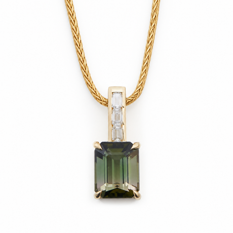 Green Ombre Tourmaline & Diamond Bar Pendant Necklace 18K gold handmade fine jewelry