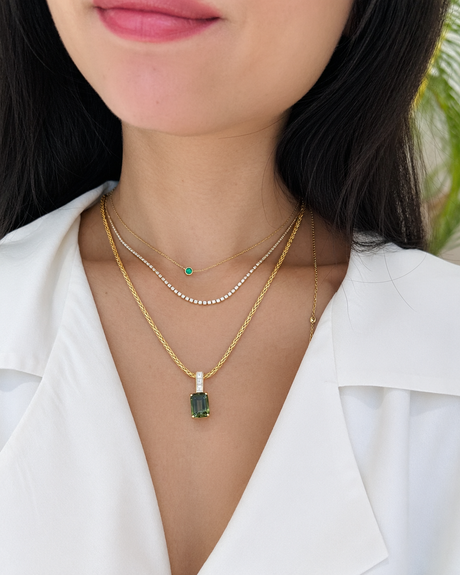 Green Ombre Tourmaline & Diamond Bar Pendant Necklace 18K gold handmade fine jewelry on model