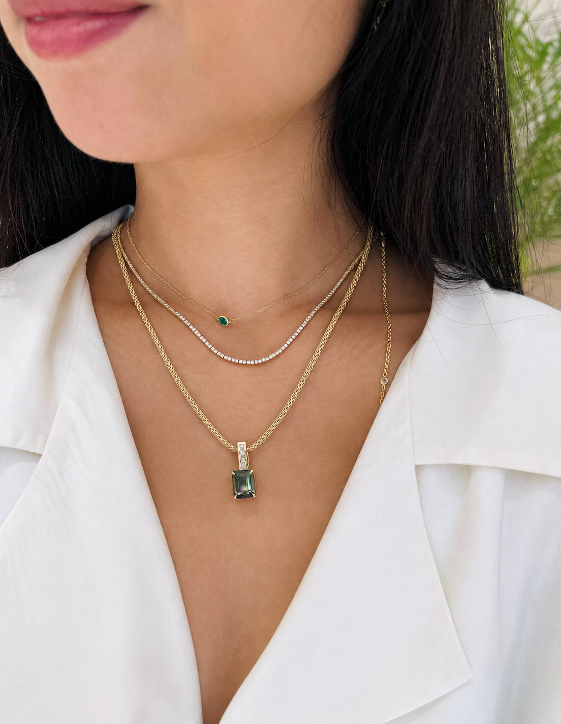 Green Ombre Tourmaline & Diamond Bar Pendant Necklace 18K gold handmade fine jewelry on model 1