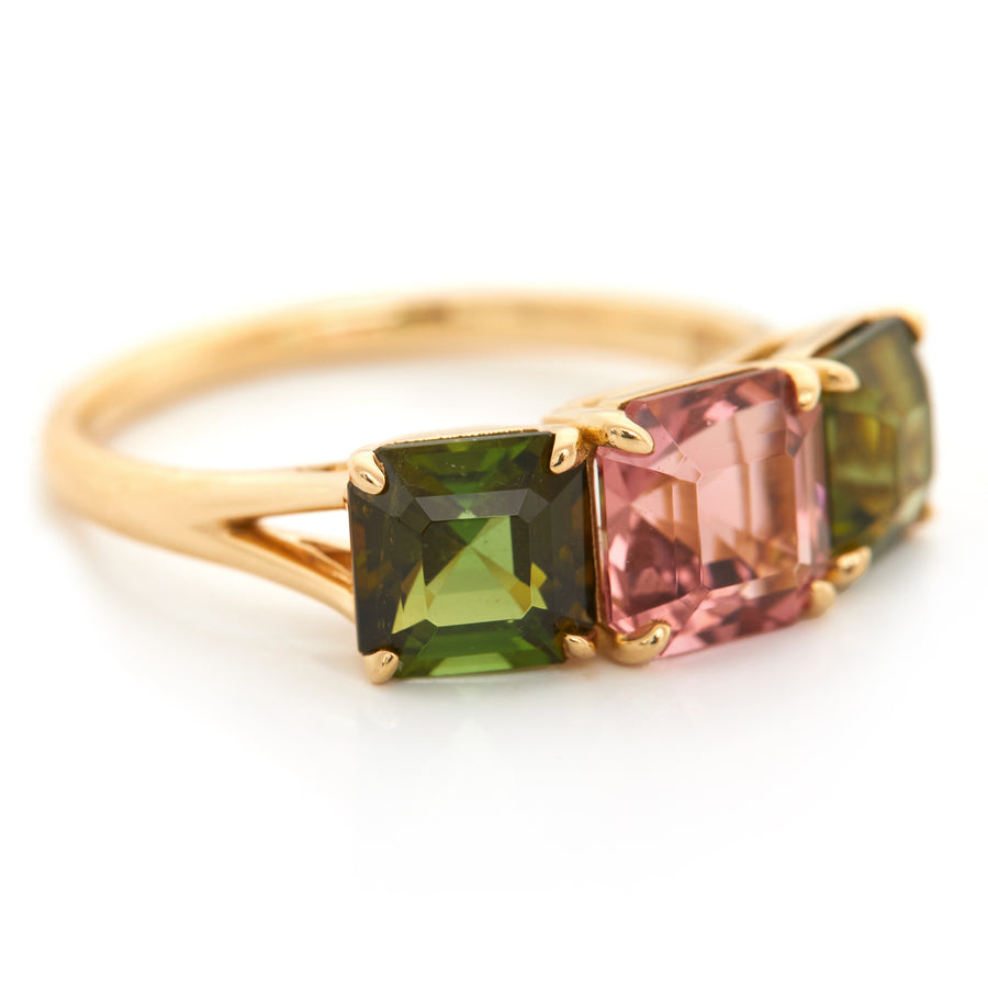 Green & Pink Tourmaline asscher Ring