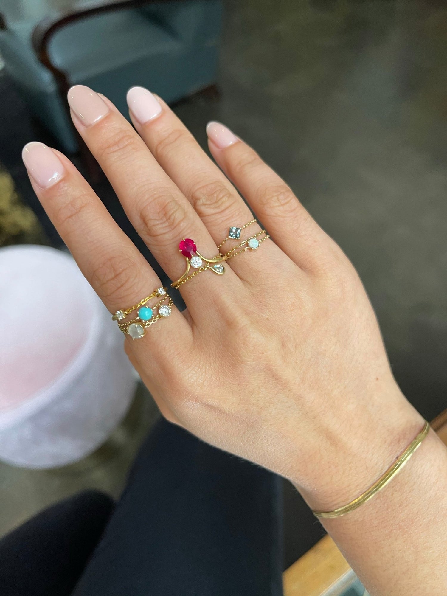 Green Sapphire Chain Ring 14k gold Stackable ring on model