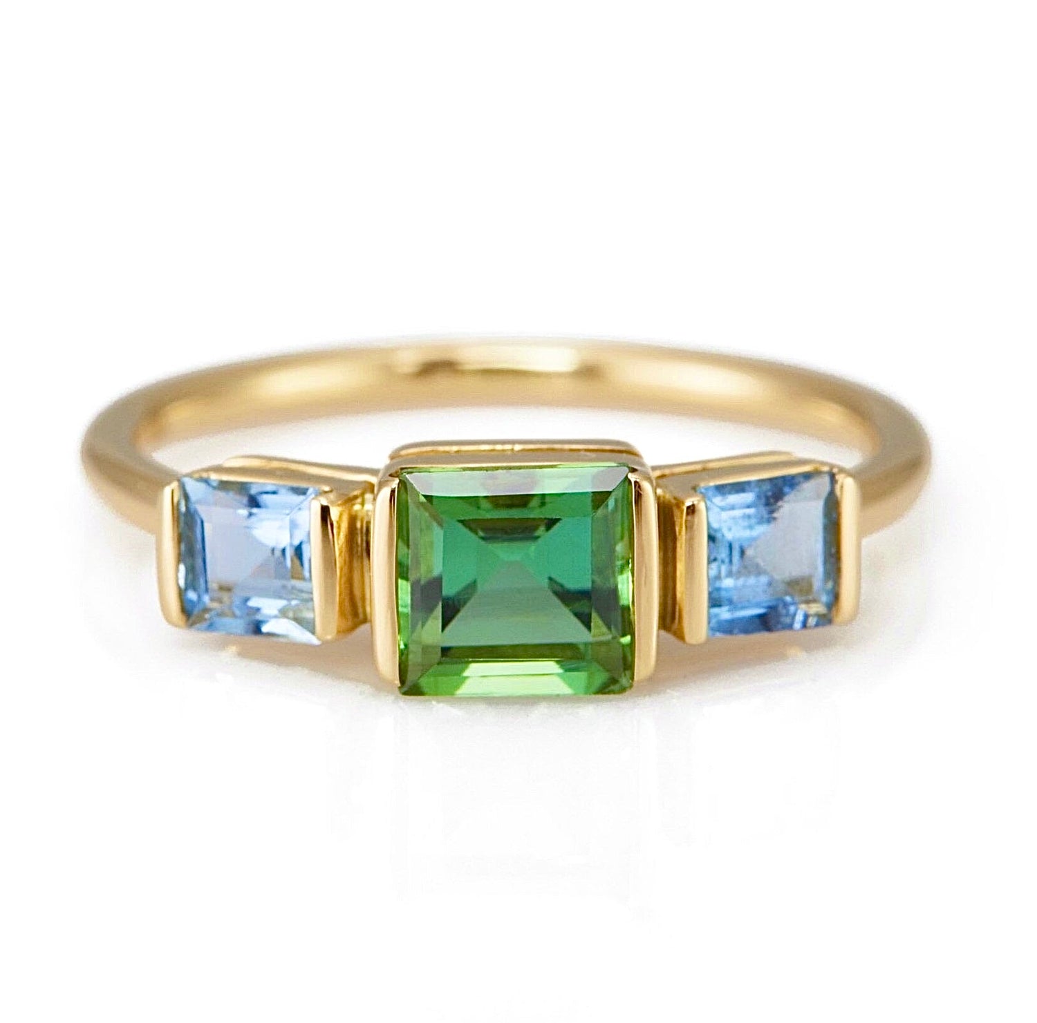 Green Tourmaline & Aquamarine Triplet Ring 18k gold Stackable ring