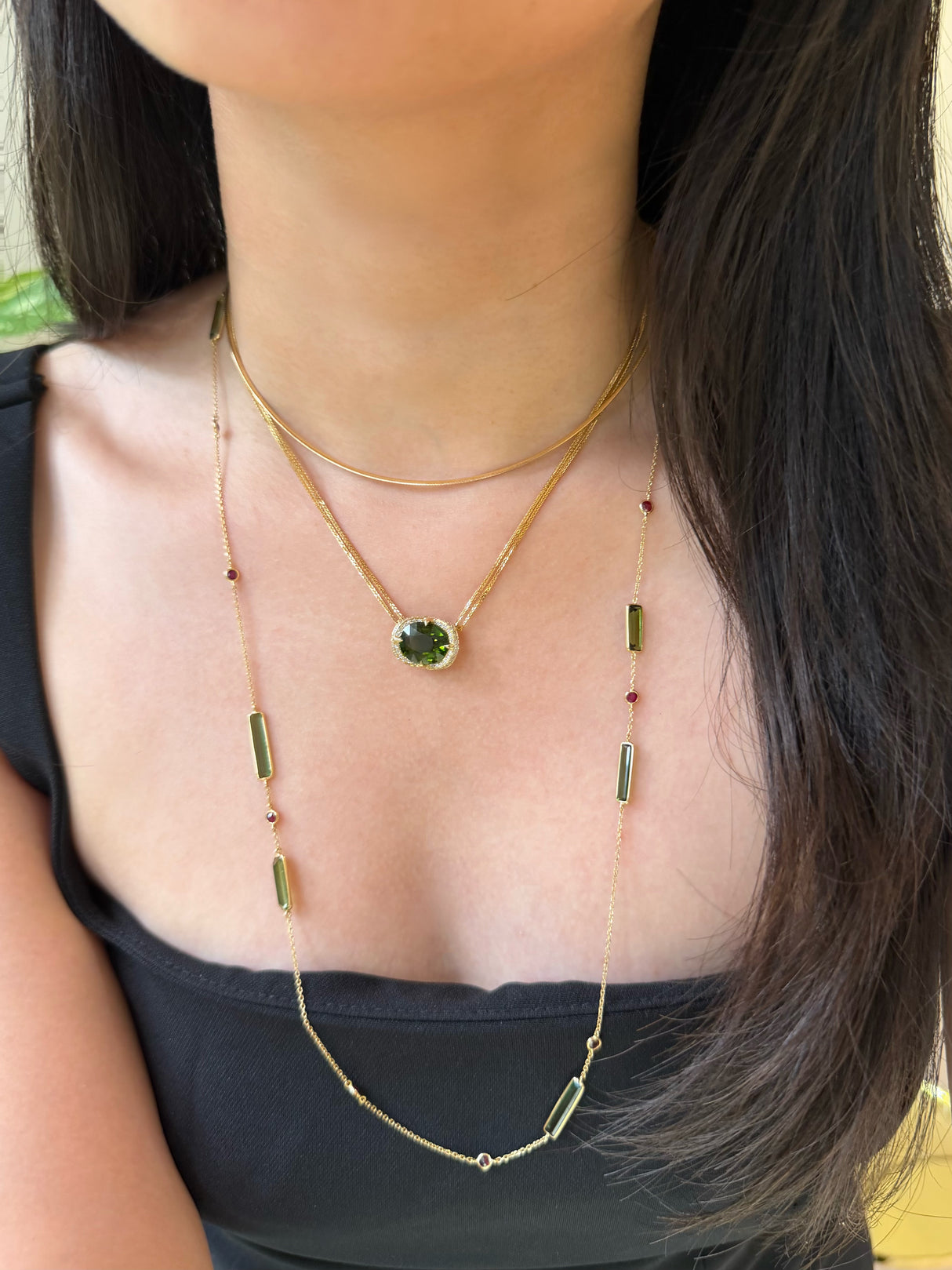Green Tourmaline Diamond Aurora gold Necklace handmade fine jewelry on model