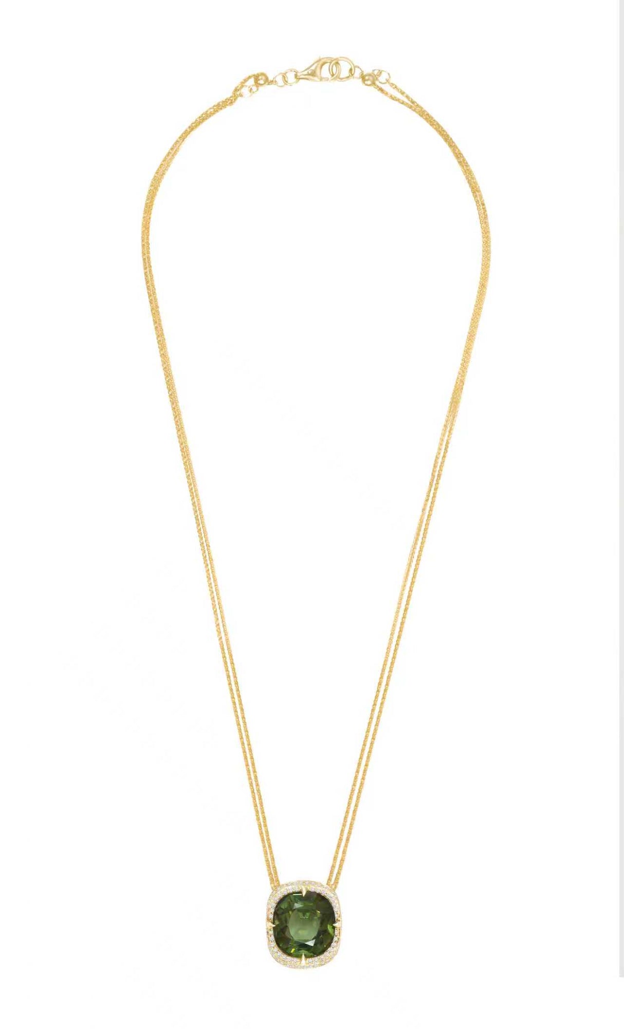 Gold necklace with a green pendant 18k gold fine jewelry necklace on a white background