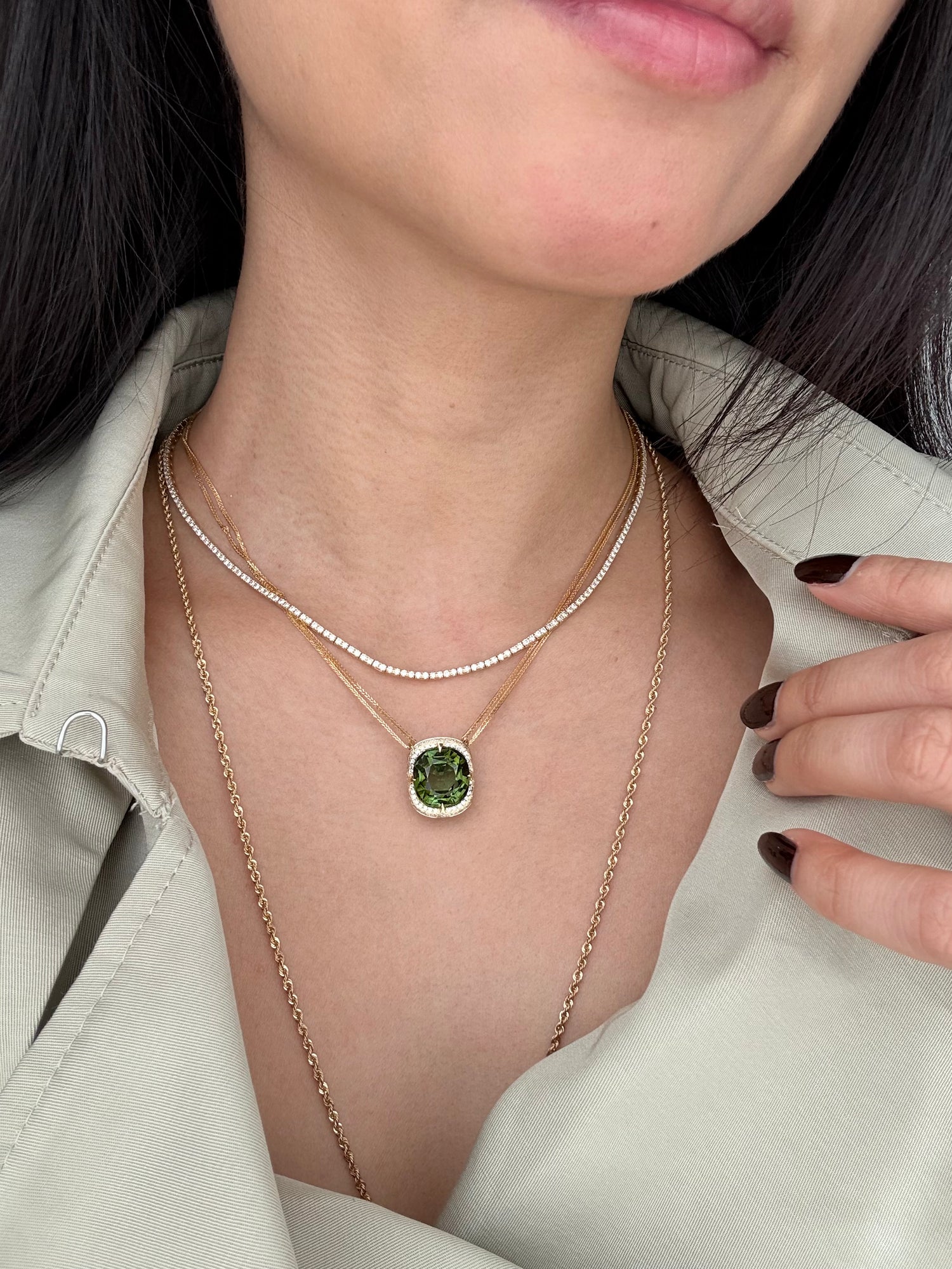 Green Tourmaline Aurora Supreme 18k gold fine jewelry handmade Necklace on model