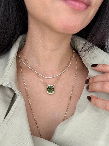 Green Tourmaline Aurora Supreme 18k gold fine jewelry handmade Necklace on model