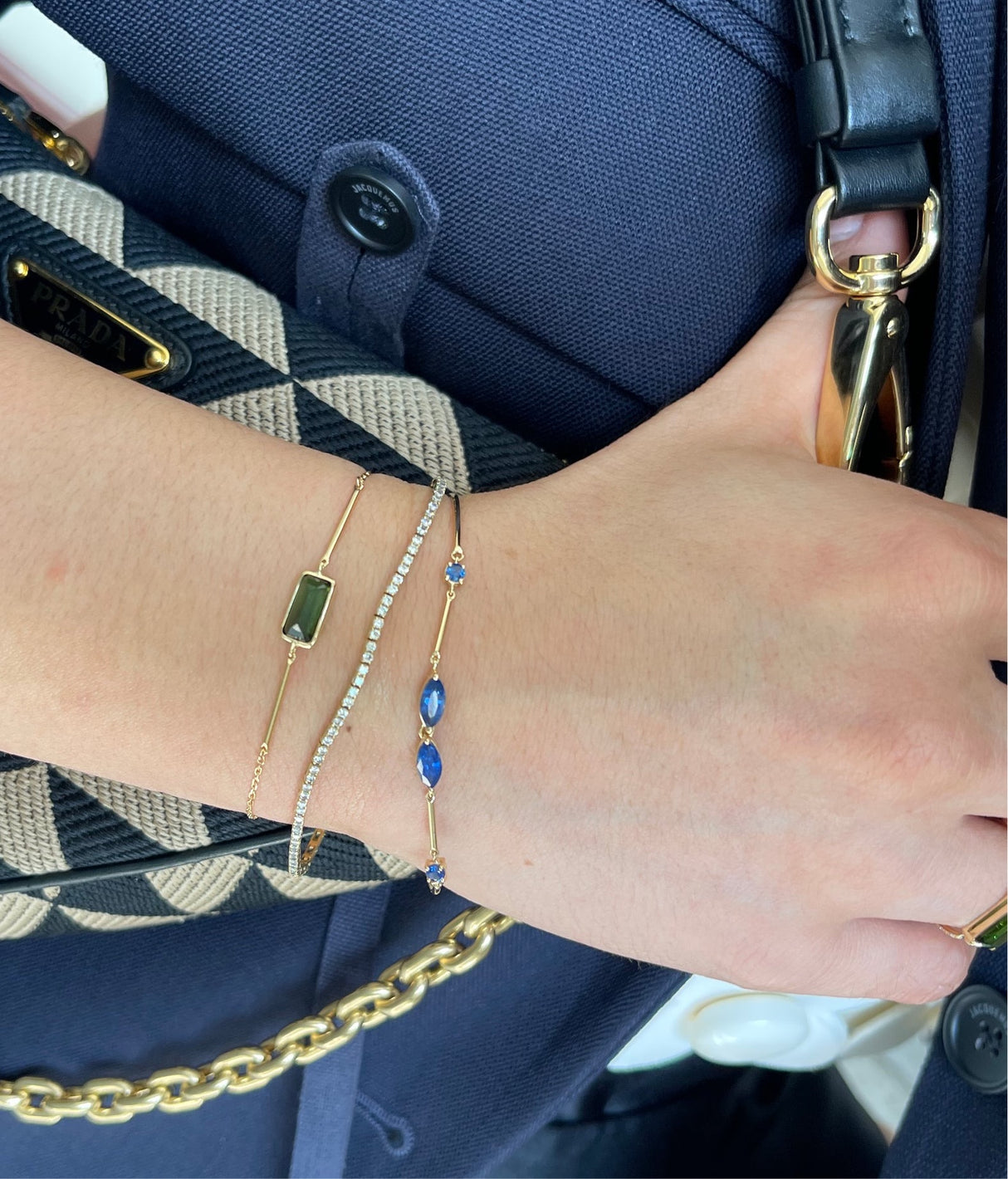 Green Tourmaline Bar Bracelet 18k gold stackable design on model 2