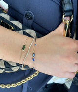 Green Tourmaline Bar Bracelet 18k gold stackable design on model 2