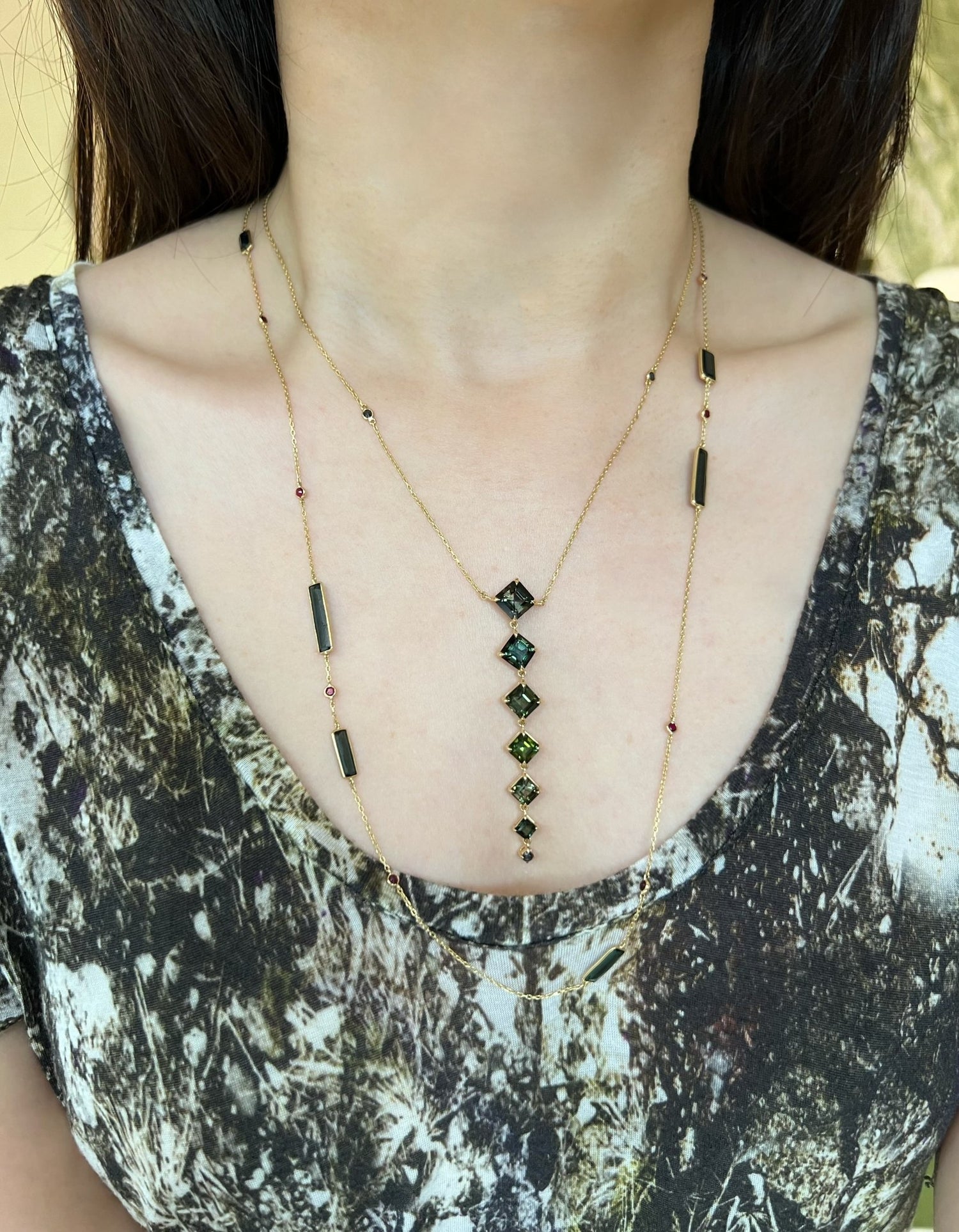 Green Tourmaline & Black Diamond Cascade Necklace in 18k gold handmade fine jewelry on model