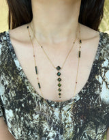 Green Tourmaline & Black Diamond Cascade Necklace in 18k gold handmade fine jewelry on model