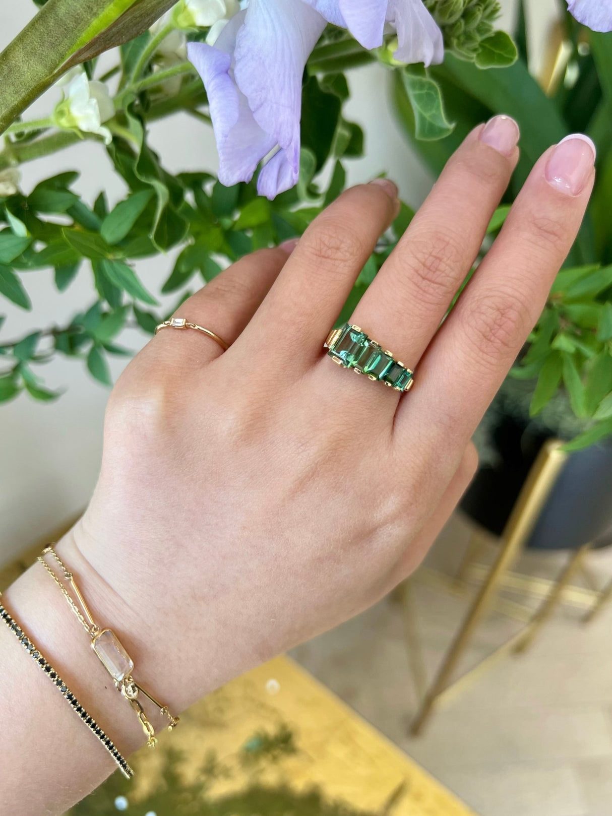 Green Tourmaline Crescendo Ring 18k gold Stackable ring on model