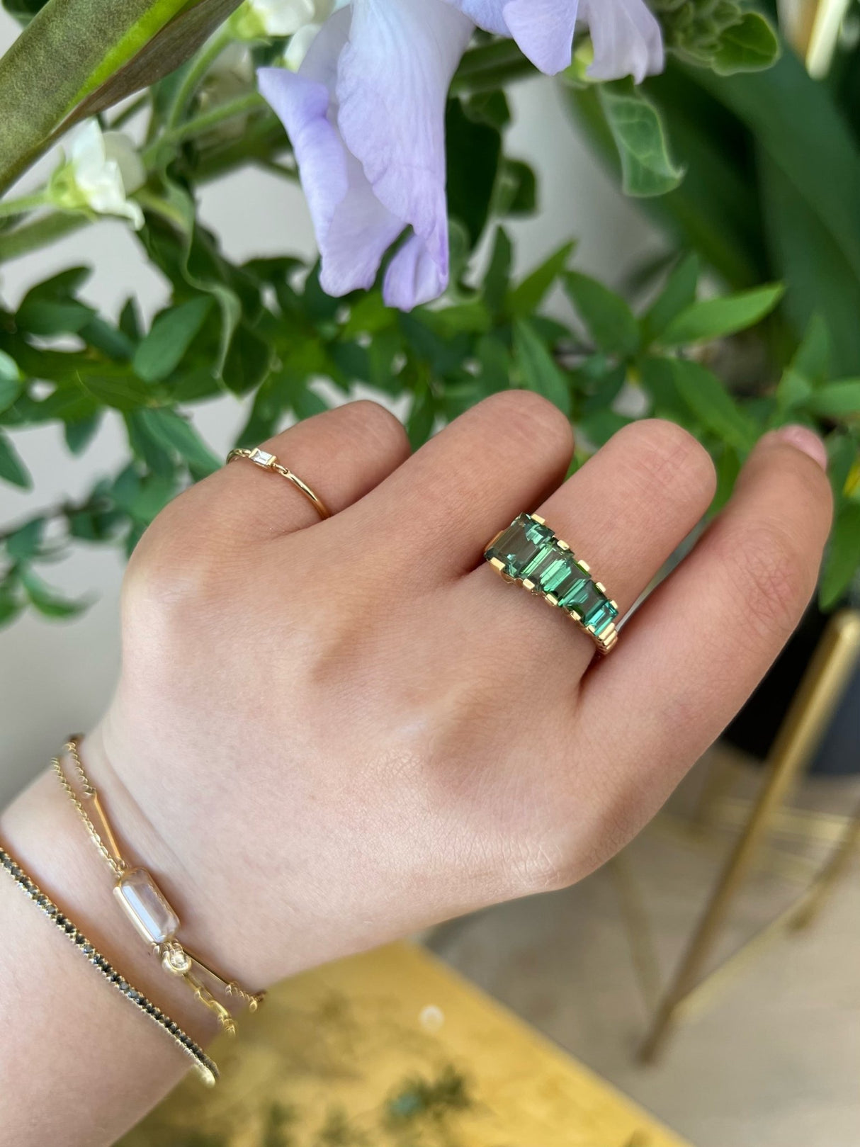 Green Tourmaline Crescendo Ring 18k gold Stackable ring on model