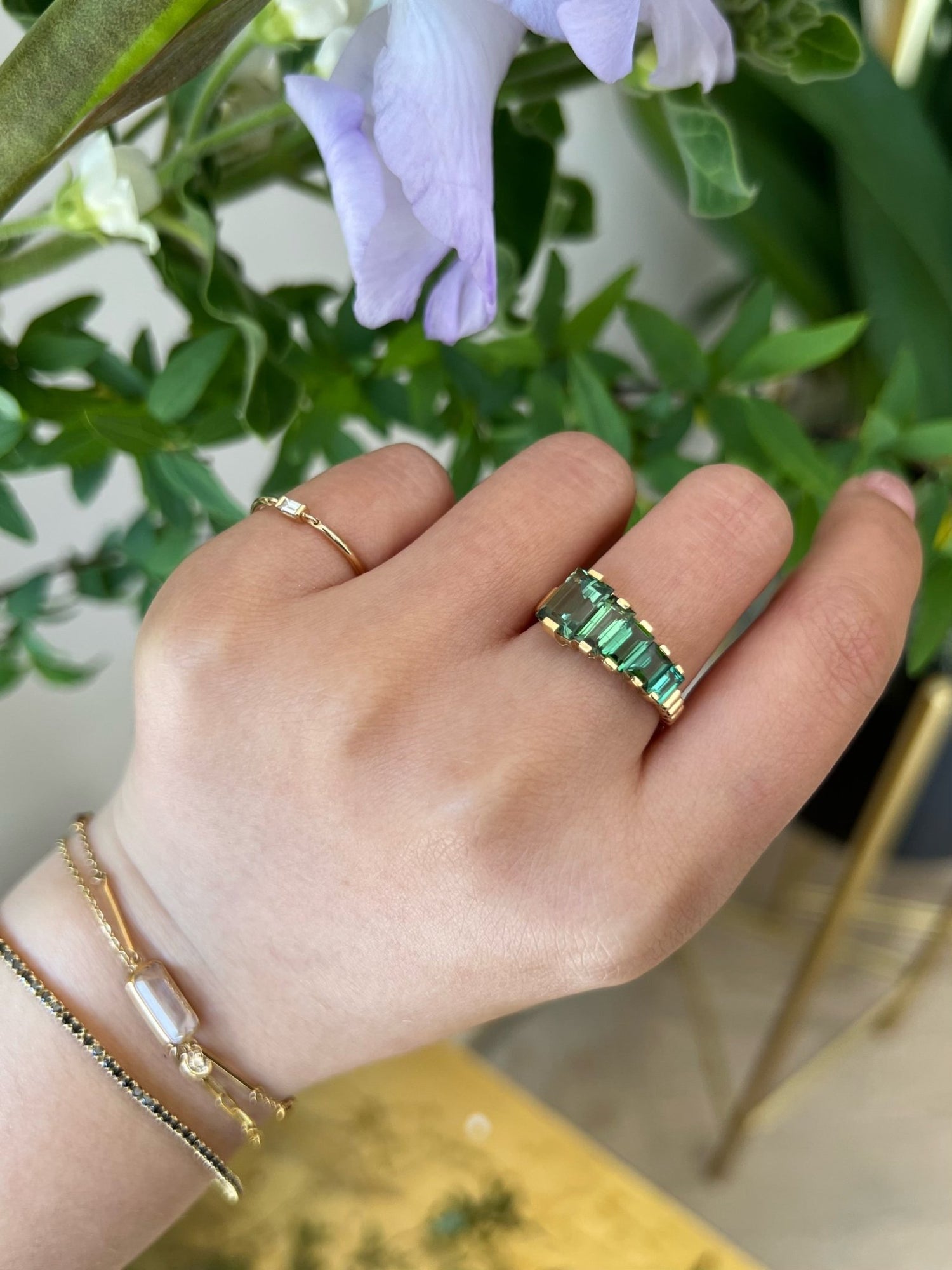 Green Tourmaline Crescendo Ring 18k gold Stackable ring on model