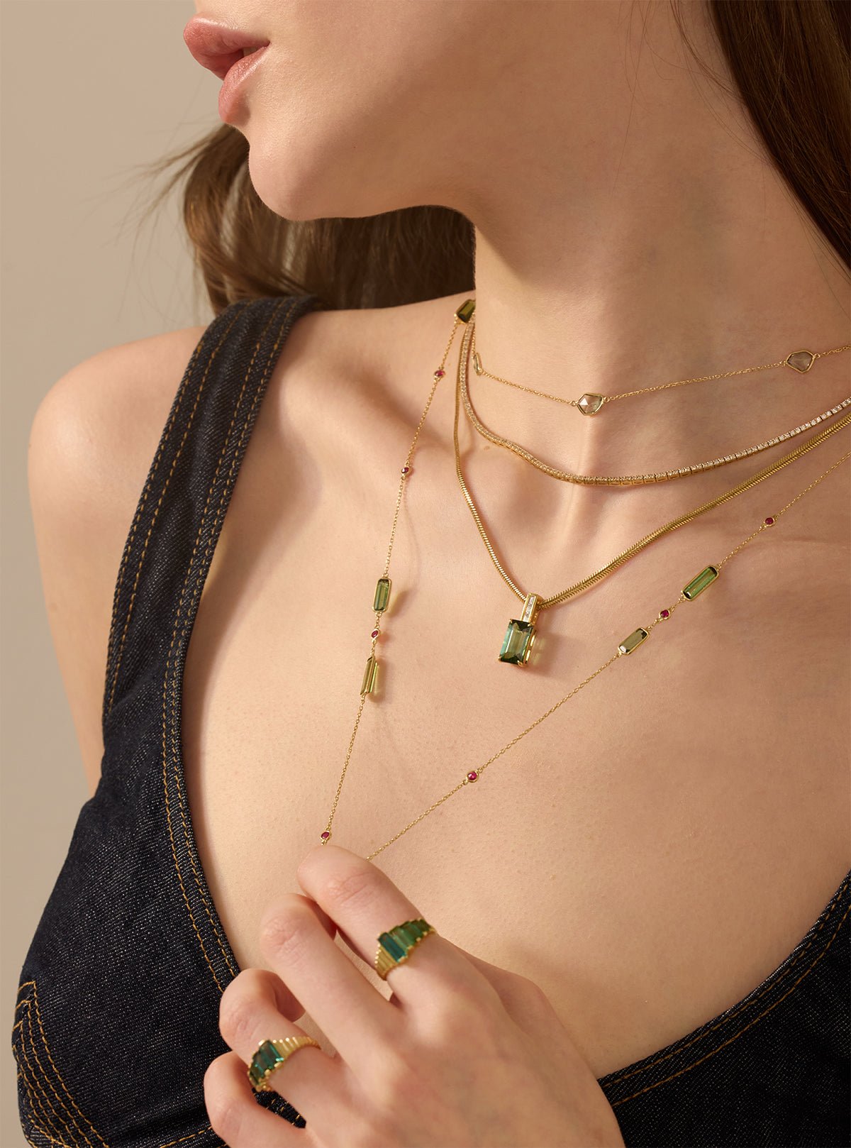 Green Tourmaline & Diamond Bar Necklace in 18k gold handmade fine jewelry on model