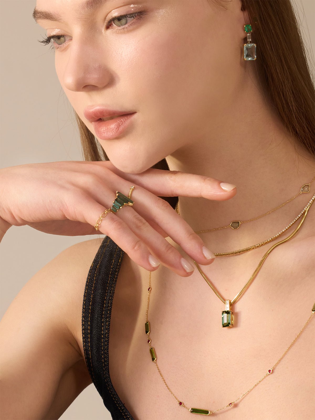 Green Tourmaline & Diamond Bar Necklace in 18k gold handmade fine jewelry on model 2